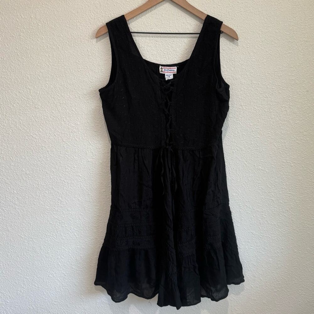 Just Cruising Black Lace Up Boho Mini Dress Embroidered Tiered Smocked OSFM